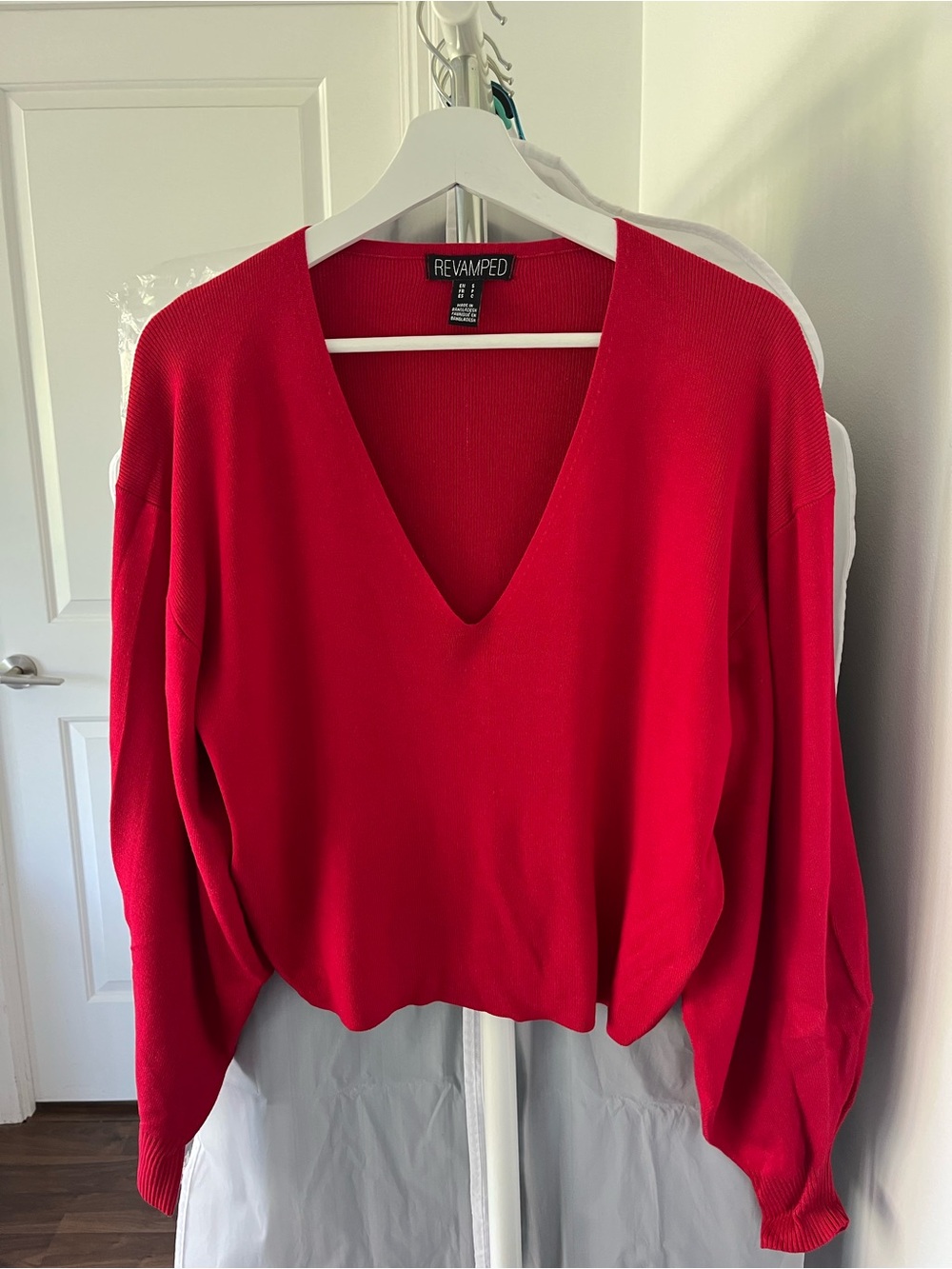 Revamped Red V-Neck Ribbed Knit Top